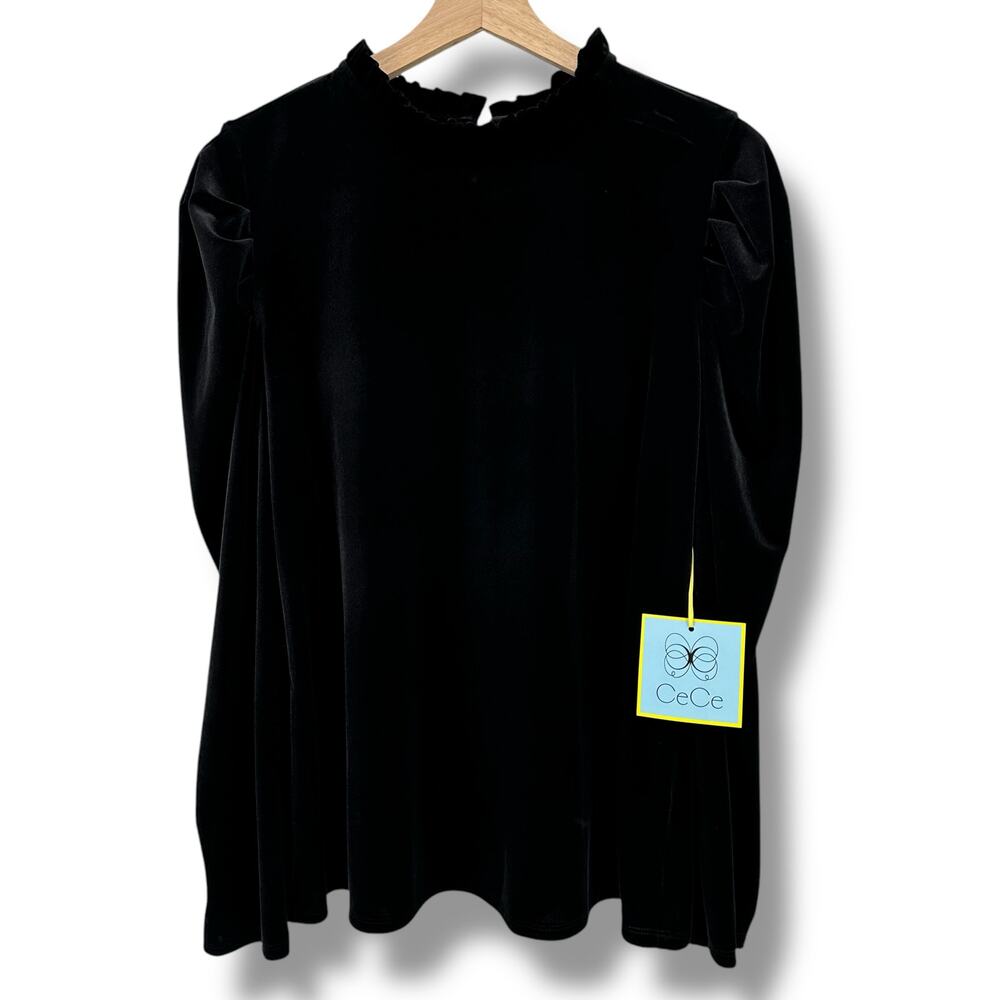 CeCe Velvet Ruffle Trim Puff Sleeve Shirt Womens Plus Size 1X Solid Black